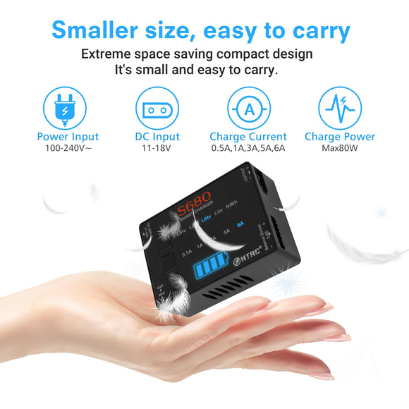 HTRC 80W 6A Mini Smart Battery Charger For 1-6s LiFe/LiHv/Lilon/Lipo Battery 1-15s Nimh Balance RC Charger Car Model Toys