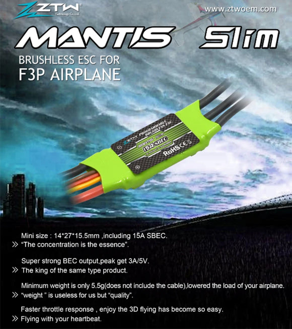 ZTW Mantis Slim 15A ESC 2-4S Built-in Switching BEC 5V/2A Brushless Speed Control for RC Airplane indoor F3P 3D Flying