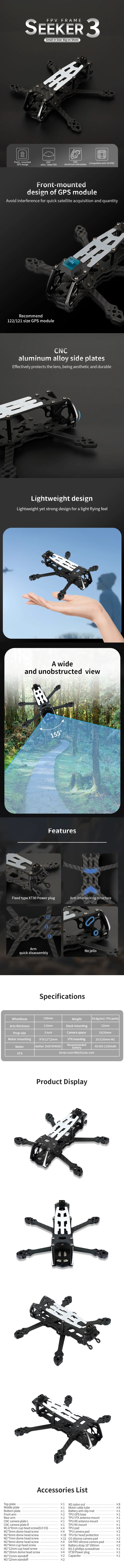 DeepSpace SEEKER3 3inch Frame Kit 139mmWheelbase3.5mm Arm Thickness Lightweight For DJI O4PRO O3 AIR UNIT forRC FPV Racing Drone