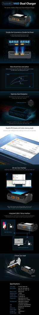 ToolkitRC M6D V3 500W 15A DC Dual Channel MINI Smart Charger Discharger For 1-6S Lipo Battery FPV Model Spare Part Replace M8-6
