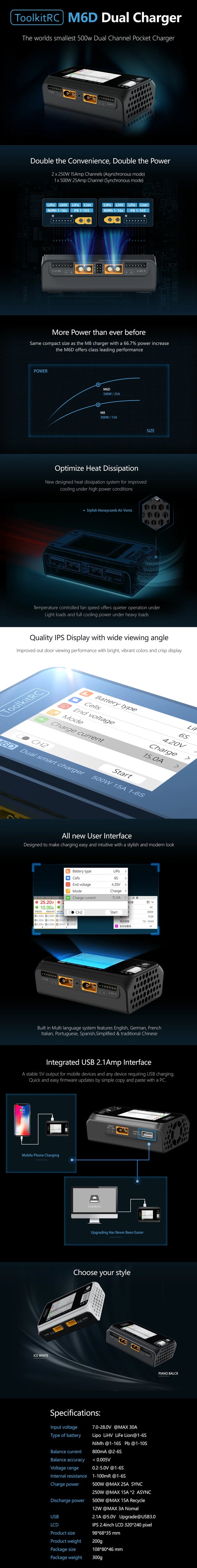ToolkitRC M6D V3 500W 15A DC Dual Channel MINI Smart Charger Discharger For 1-6S Lipo Battery FPV Model Spare Part Replace M8
