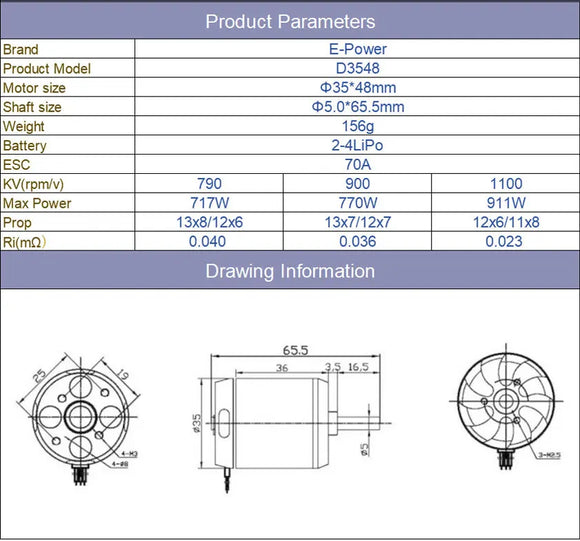 Originaler bürstenloser Motor der Marke D3548-790KV/900KV/1100KV, geeignet für Starrflügelmodelle, Flugzeuge, elektrische Mountainboards