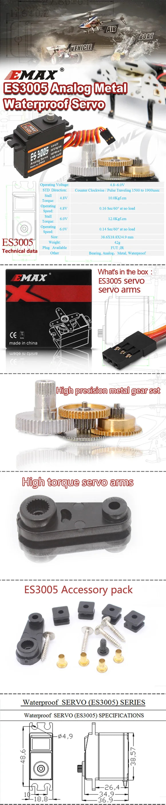 Emax ES3001 ES3005 Analog Metall Wasserdichtes Servo mit Zahnrädern 43g Servo 13KG Drehmoment für RC-Auto Boot Flugzeug