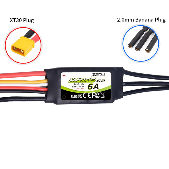 ZTW Mantis G2 6A ESC 2-3S Built-in Switching BEC 5V/3A Brushless Speed Controller For RC Airplane Aircraft Fixed-wing Drone