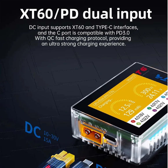 HOTA T6 Smart Charger  DC/PD Dual Input 300W 2.4IPS Supports XT60 and TYPE-C Interfaces Compatible  PD3.0 FPV RC Battery Charger