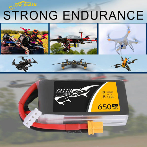 Tattu Lipo 650mAh Lipo 3S 75C Battery Pack 11.1V XT30 Plug Polymer Battery for Drone Helicopter FPV Quadcopter