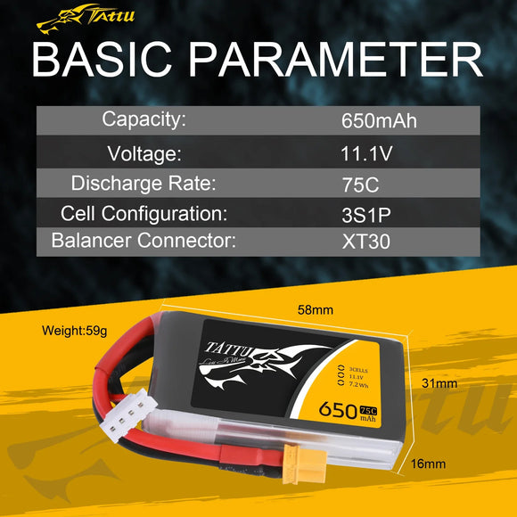 Tattu Lipo 650mAh Lipo 3S 75C Battery Pack 11.1V XT30 Plug Polymer Battery for Drone Helicopter FPV Quadcopter