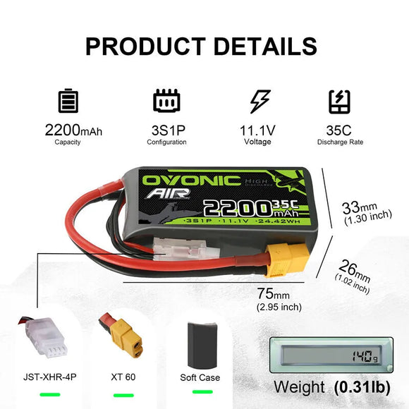 OVONIC 11.1V 35C 2200mAh Lipo Battery For RC Helicopter Quadcopter FPV Racing Drone Parts 3S Battery With XT60 Plug