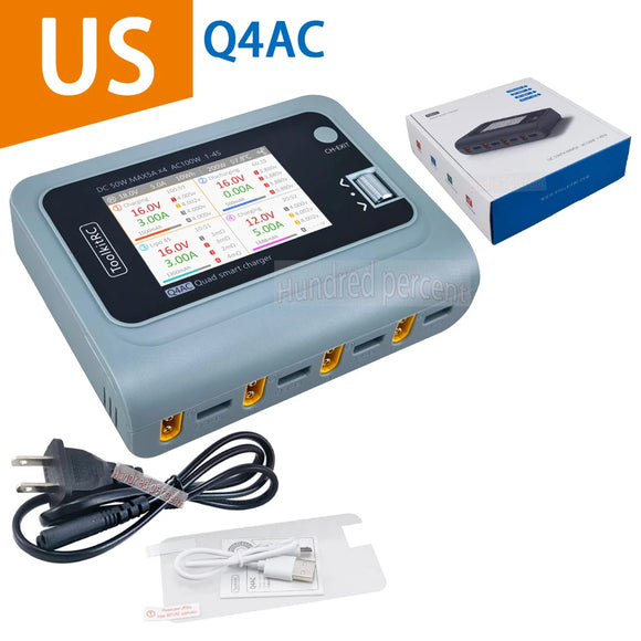 ToolkitRC Q4AC Charger XT60 Adapters IPS Bright With Clear Wide Angle Display 4x50w 5A AC 100W 4 Port DC Smart Discharger AC DC