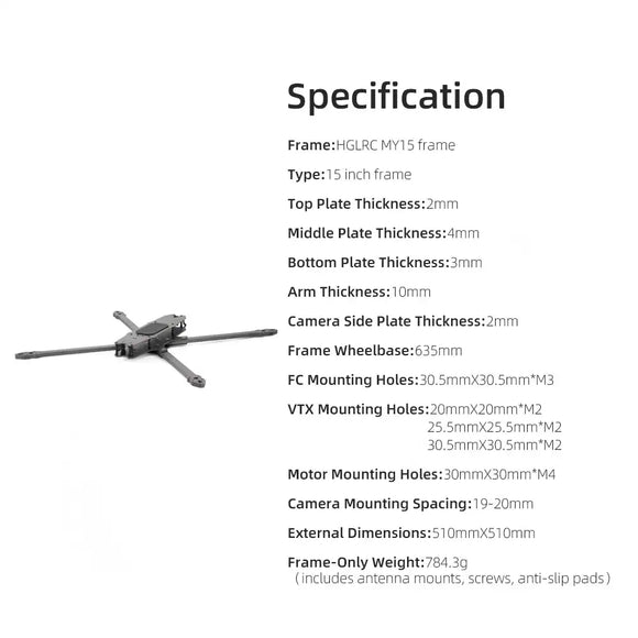 HGLRC MY15 Châssis en fibre de carbone FPV longue portée 15 pouces Empattement 635 mm pour drone de course quadricoptère RC