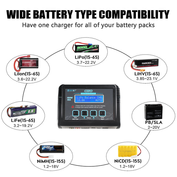 HTRC Cargador de baterías C150 AC DC 150W 10A Descargador para baterías LiPo LiHV LiFe Lilon NiCd NiMh Pb Cargador Lipo Cargador balanceador