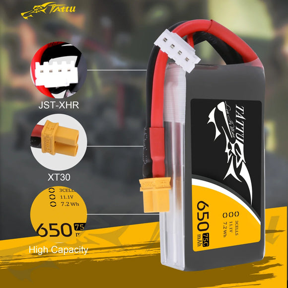 Tattu Lipo 650mAh Lipo 3S 75C Battery Pack 11.1V XT30 Plug Polymer Battery for Drone Helicopter FPV Quadcopter