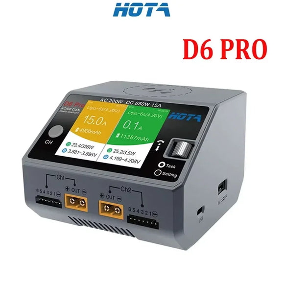 HOTA D6 Pro Charger - AC 200W DC 650W 15A, 2X325W 2X15A, Wireless Charging for 1-6S Lipo/LiHV/NiCd/NiMH & RC Models