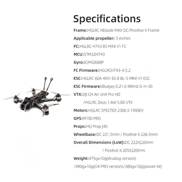 HGLRC Nblade MAX 5inch Quadcopter FPV Drone - Power Kit / Analog / O4 Pro for Freestyle Cinematic