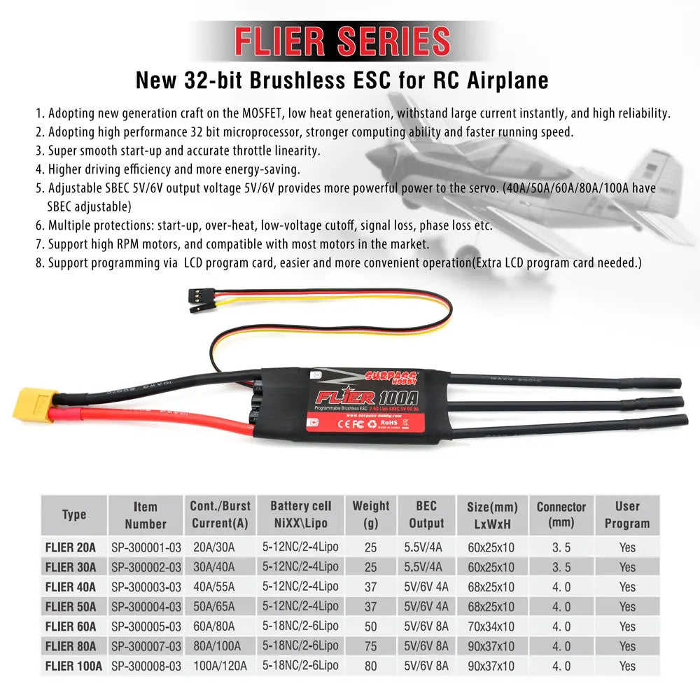 SURPASS HOBBY Flier 20A 30A 40A 50A 60A 80A 100A Brushless ESC Speed ...