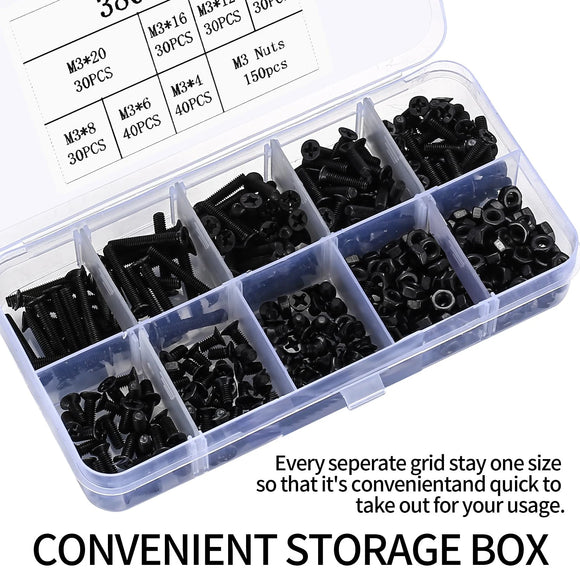 M3 Flat Head Machine Screws and Hex Nuts Kit, 380 Pcs Black Countersunk Head Phillips Screws Bolts Nuts Assortment Kit
