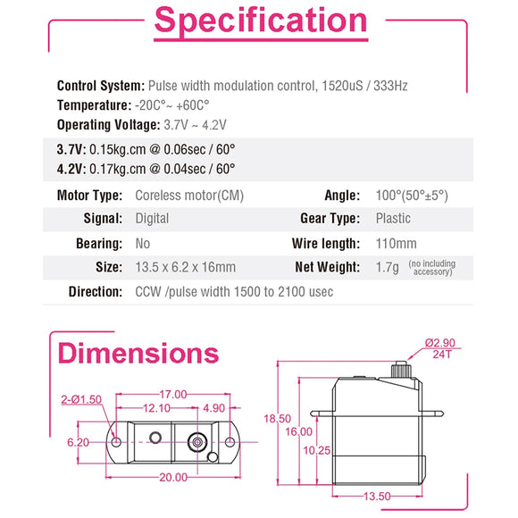 AFRC D1302 Subminiature Digital Servo 1.7g Coreless Motor for RC Plane Car 0.04ec Fast  JST Plug or JR Connector Indoor 3D Flig