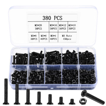 M3 Flat Head Machine Screws and Hex Nuts Kit, 380 Pcs Black Countersunk Head Phillips Screws Bolts Nuts Assortment Kit