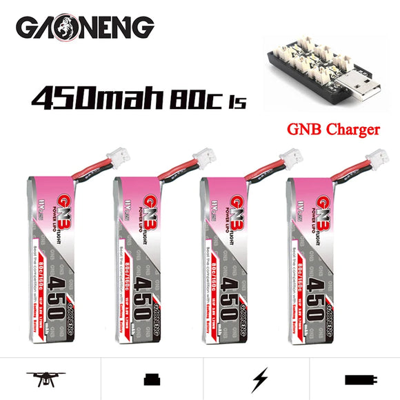 GNB 450mAh 1S 3.8V 80C/160C LiPo Battery and Charger For Racing Drone FPV Beta75S Emax Tinyhawk Quadcopter Helicopter Parts