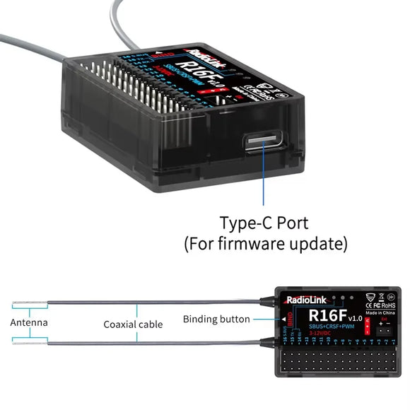 Radiolink R16F 16 Channle 2.4G Gyro RC Receiver Car Voltage Transmission Telemetry 600m Long Range RX for RC Car Boat Airplane