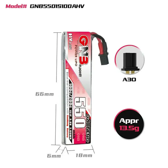 GAONENG GNB 550mAh 1S 3.8V 100C 200C HV Lipo Battery With A30 Connector For RC FPV Drone DIY Plug VS BETAFPV BT2.0 450mAh 1S
