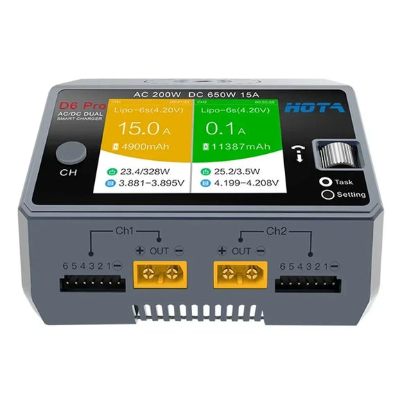 HOTA D6 Pro Charger - AC 200W DC 650W 15A, 2X325W 2X15A, Wireless Charging for 1-6S Lipo/LiHV/NiCd/NiMH & RC Models