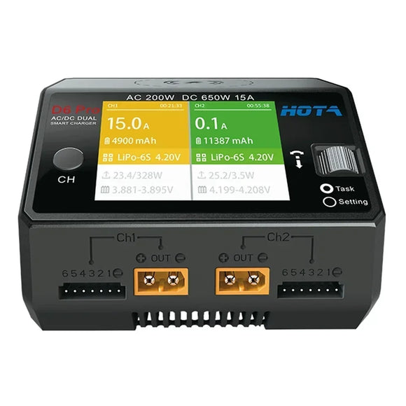 HOTA D6 Pro Charger - AC 200W DC 650W 15A, 2X325W 2X15A, Wireless Charging for 1-6S Lipo/LiHV/NiCd/NiMH & RC Models