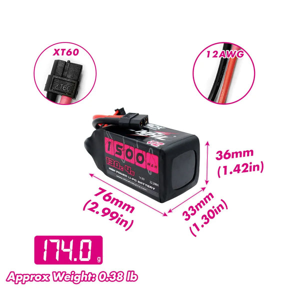 2PCS CNHL 4S 14.8V Lipo Battery 1500mah 130C with XT60 Plug For RC FPV Helicopter Airplane Drone Racing