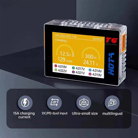 HOTA T6 Smart Charger  DC/PD Dual Input 300W 2.4IPS Supports XT60 and TYPE-C Interfaces Compatible  PD3.0 FPV RC Battery Charger