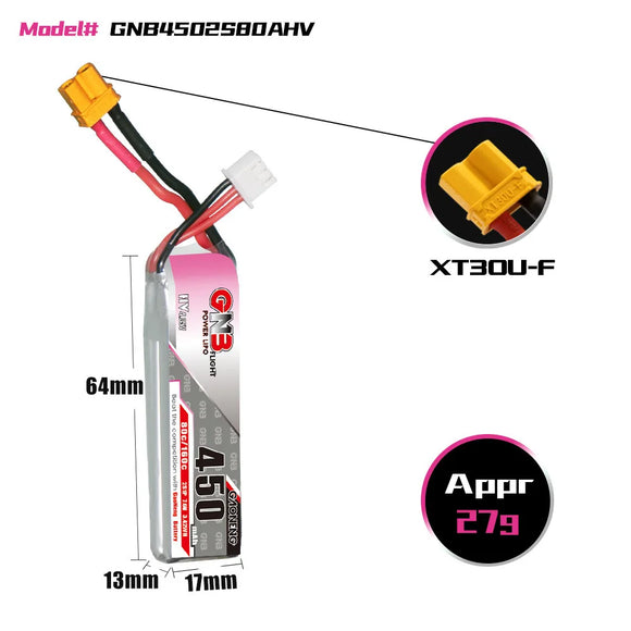 GNB 2S 7.6V 450mAh 80C/160C HV Lipo Battery With XT30 For Racing Drone FPV Quadcopter Helicopter Parts 7.6V Battery