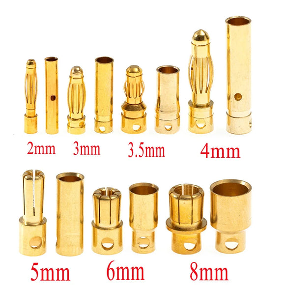 5Pairs Gold Plated Brass Banana Connectors RC Toys Plug Lipo Battery To Electronic ESC Motor DIY Accessories 2/3/3.5/4/5/6/8mm
