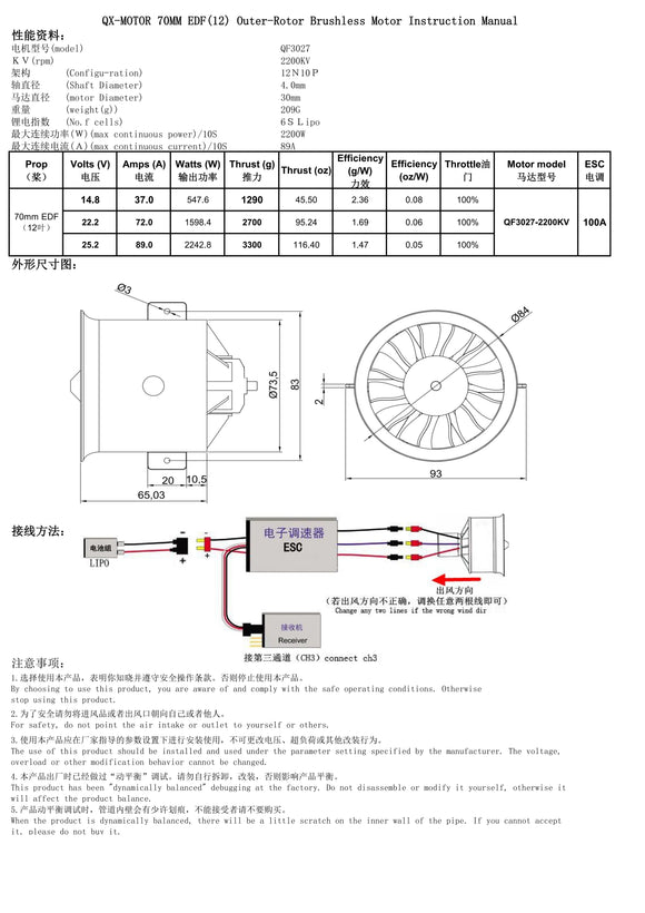 QX-MOTOR Ventola intubata da 70 mm a 12 pale EDF con motore brushless 6S, utilizza ESC da 100 A, adatta per jet, elicotteri, droni e parti ad ala fissa