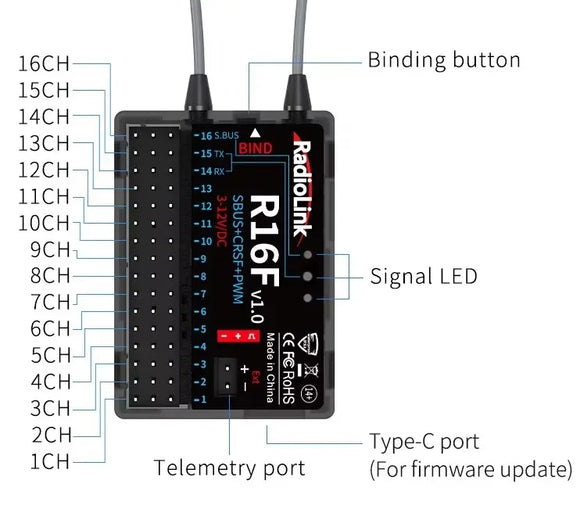 Radiolink R16F 16 Channle 2.4G Gyro RC Receiver Car Voltage Transmission Telemetry 600m Long Range RX for RC Car Boat Airplane