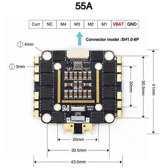 MicoAir 55A AM32 4N1 ESC 2-6S 32-bit FPV Traverser ESC Support PWM/DShot300 signals Inside/outside 2oz copper strip deflector